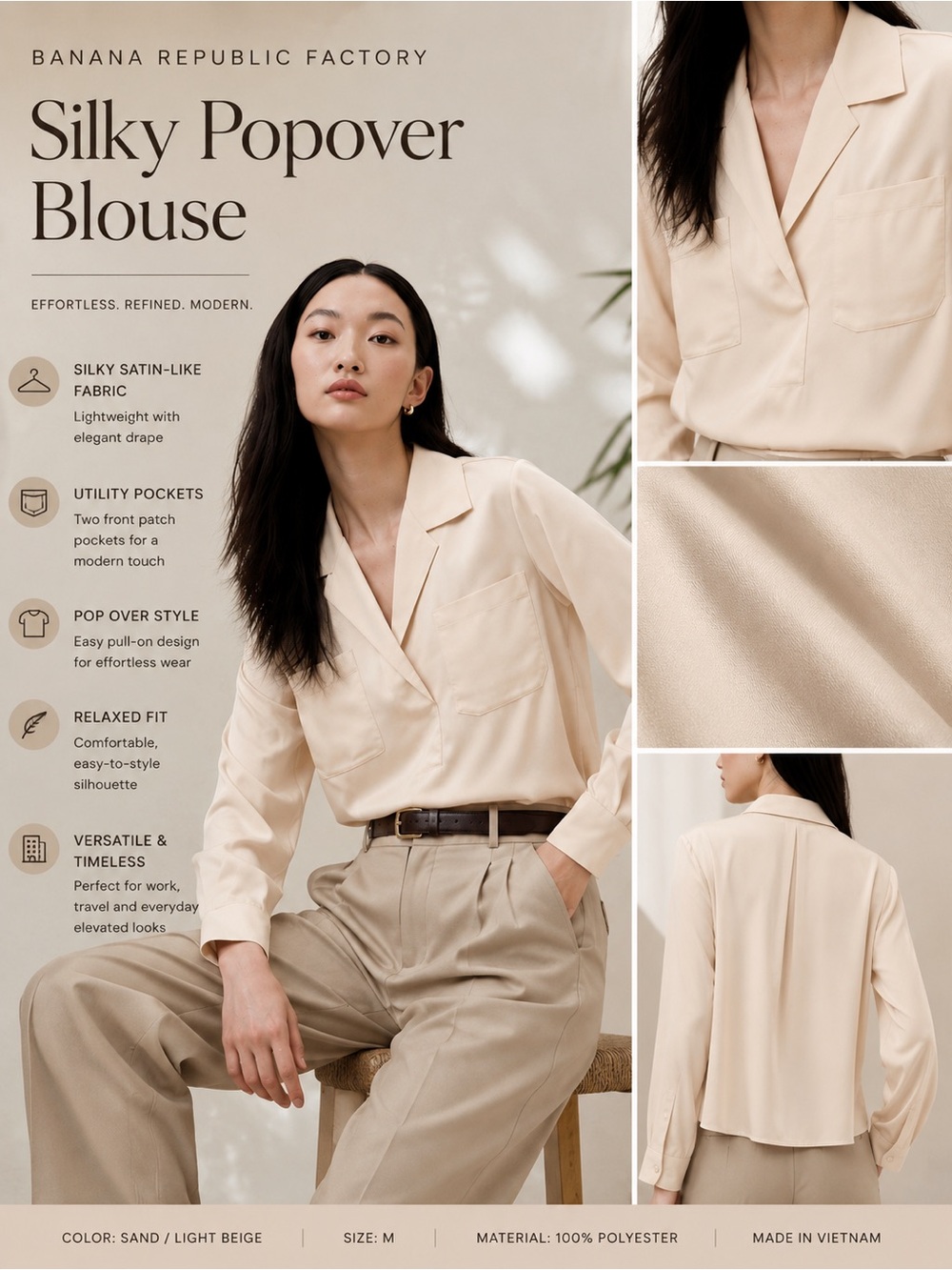 Banana Republic M Silky Popover Blouse - Sand / Light Beige Office Wear Casual